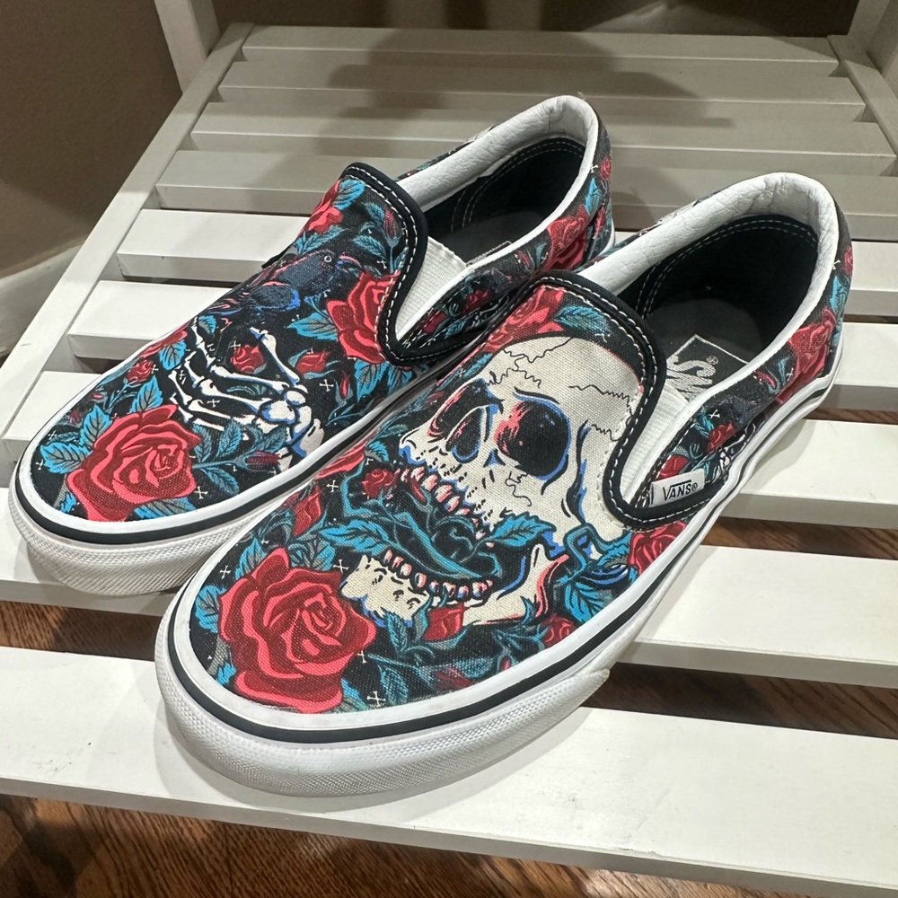Vans Black and Red Skull Rose Slip-Ons